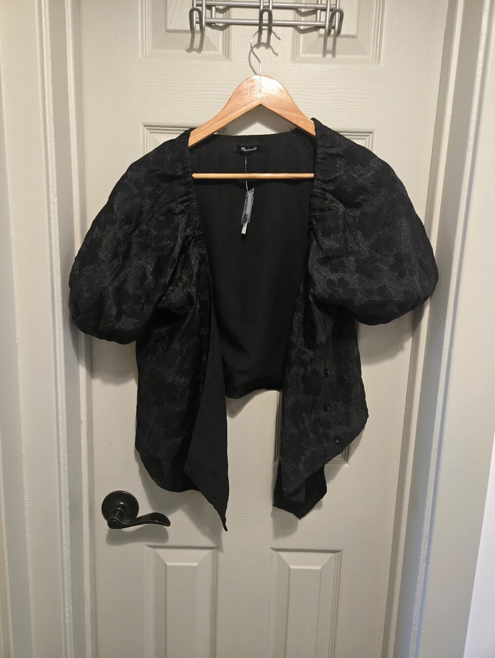 Madewell Floral Jacquard Puff Sleeve Wrap Top in True Black at Nordstrom, Size M - Picture 3 of 7